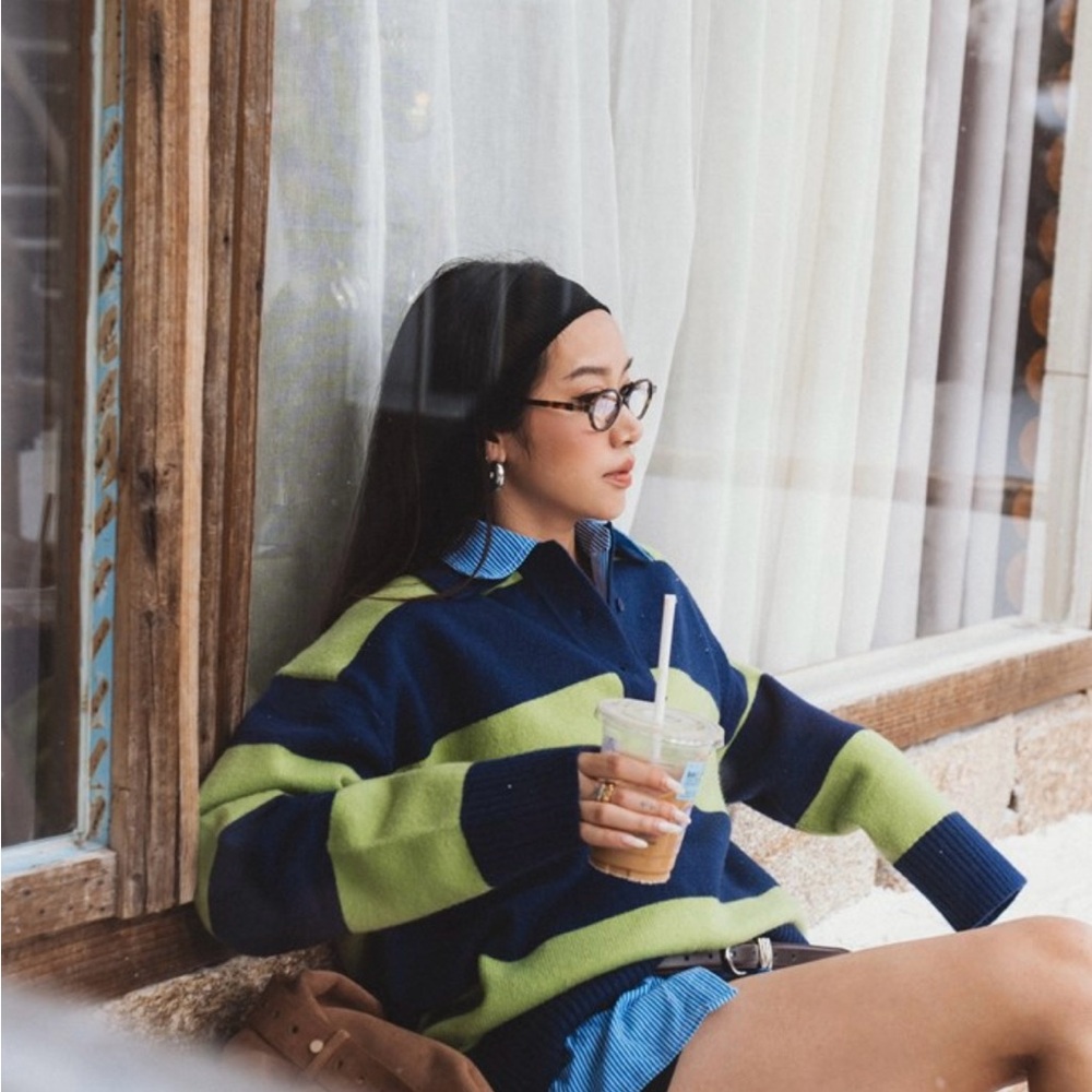 Navy and Lime Green Striped Sweater